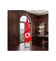 CHP Kırmızı Direkli - Altın Saçaklı Saten Makam Bayrağı Seti (Krom Direk)
