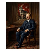 Oturan Atatürk ve Bozkurt Dekoratif Kanvas - Mdf Ahşap Tablo