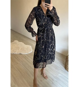 Neşeli butik kadın kruvaze yaka mermer desen şifon midi elbise NM024 (Siyah)