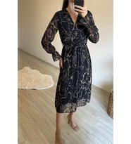 Neşeli butik kadın kruvaze yaka mermer desen şifon midi elbise NM024 (Siyah)