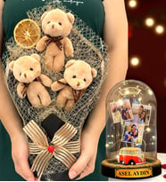 Kişiye Özel Led Işıklı Fanus ve Büyük Boy Kahve Peluş Ayıcık Buketi - Premium Hediye Seti (Model 6)