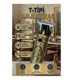 T Tipi Metal Başlıklı Şarjlı Saç Sakal Kesme Makinesi – 300 Dakika Kullanım 3 Taraklı