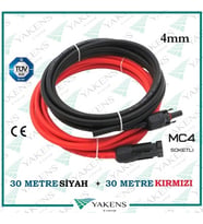 Mc4 Soketli (30m+30m) 60 Metre 4mm Güneş Paneli Hazır Solar Kablo Siyah Kırmızı