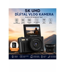 5K 75MP 18X Zoom Flaşlı 3” Flip Ekranlı Türkçe 32GB Kart Dijital Vlog Fotoğraf Makinesi Lens Hediyel