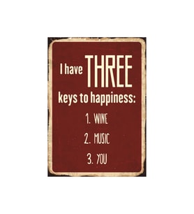 Three Keys to Happiness Retro Ahşap Tablo - Şarap, Müzik ve Aşk Temalı Yazı Tasarımı