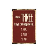 Three Keys to Happiness Retro Ahşap Tablo - Şarap, Müzik ve Aşk Temalı Yazı Tasarımı