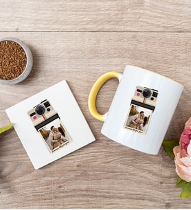 Kişye Özel Polaroid Tasarım Fotoğraflı Sarı Kupa ve Bardak Altlığı
