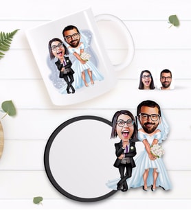 BK Gift Kişiye Özel Sevgililer Karikatürlü Beyaz Kupa ve Ahşap Bardak Altlığı Hediye Seti-16