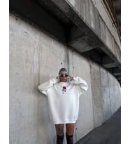 Oversize Üç İplik Bisiklet Yaka Baskılı SweatShirt - Beyaz