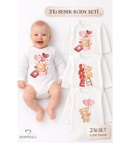 3’lü Bebek Body Seti %100 Pamuk Uzun Kollu Sevgili Temalı Ayıcık Baskılı Yenidoğan,Bebek Body Zıbın (Beyaz)