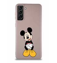 Samsung Galaxy S21 Plus Soft Premier Kapak Mickey Mouse-A Tasarımlı Silikon Kılıf - Pudra (Şeffaf)