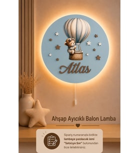 Ahşap Kapadokya Balon Lamba İsme Özel Pilli Ledli Gece Lambası Bebek Çocuk Odası