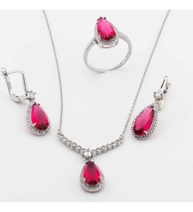 925 Ayar Gümüş Pembe Zirkon Taşlı Damla Set