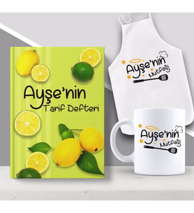 BK Gift Kişiye Özel İsimli Mutfak Önlüğü Kupa ve Yemek Tarif Defteri Hediye Seti-6 (Model 1)