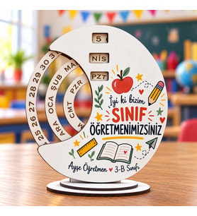 Kişiye Özel İsimli Sınıf Öğretmeni Ahşap Sonsuz Takvim - İyi ki Bizim Sınıf Öğretmenimizsiniz 24 Kasım Hediyesi (20x17 cm)