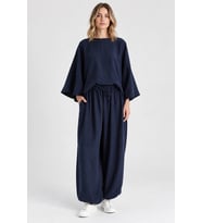 Rahat Kesim Modal Takım - Yarasa Kol Oversize Bluz ve Geniş Paça Şalvar Pantolon - Acı Kahve