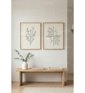 Çizgisel Botanik Minimal 2’li Ahşap Çerçeveli Tablo Seti