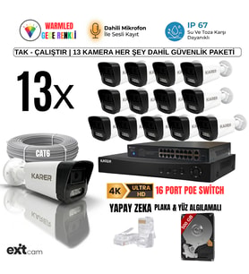 13'lü IP KAMERA-POELİ-5MP-ULTRA HD-4K 1920 ÇÖZÜNÜRLÜK-SESLİ-GECE RENKLİ GÖRÜŞ-İNSAN ve PLAKA ALGILAMALI SET (Beyaz)