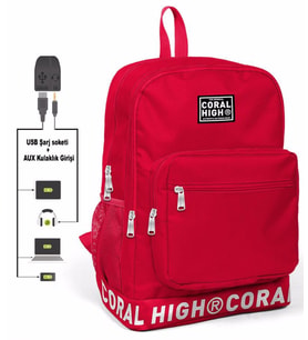 Coral High Logo Nakışlı Kırmızı Ortaokul, Lise ve Günlük Sırt Çantası(USB VE AUX SOKETLİ)