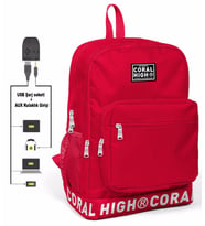 Coral High Logo Nakışlı Kırmızı Ortaokul, Lise ve Günlük Sırt Çantası(USB VE AUX SOKETLİ)