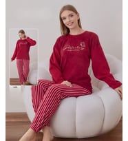 Boyraz Kadın Kışlık Bisiklet Yaka Soft Kadife Pijama Takımı 07021 - 1 Adet (Kırmızı)