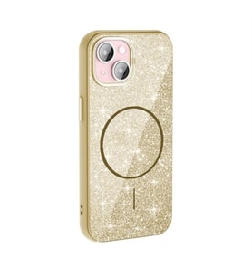 Coverzone iPhone 15 Plus ile uyumlu Parlayan Simli Y�zey Renkli Magsafe ile uyumlu W?reless ?arj �zellikli X Z-Okso iPhone 15 Plus i�in i�in Kapak Gold