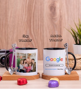 Eşe Hediye Google Tasarım Fotoğraflı Ahşap Altlıklı Siyah Kupa