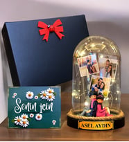 Sizlere Özel İsimli ve 3 Fotoğraflı Led Işıklı Fanus, Siyah Hediye Kutusunda (Model 8)
