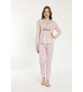 Estiva 22135 Kadın Çiçek Desenli Uzun Kollu Viskon Pijama Takımı (Pembe)