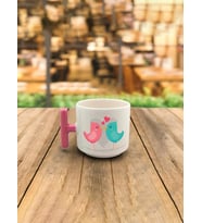 Kuşlar Öpücük Baskılı Pembe Kulplu T Kupa (Beyaz)