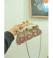 Bambu Burslu Parlak Çiçekli Çanta, Simli Küçük El Çantaları, Pembe Çiçekli Ahşap Burs Gece Çantaları, Kemzey Handmade Çanta (Pembe)