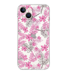 Apple iPhone 13Kamera Korumalı Tıpalı Kapak Floral Pembe Tasarımlı Şeffaf Kılıf