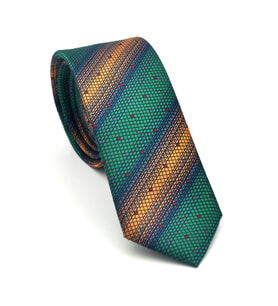 Bej Verev Desenli Zümrüt Yeşil Dokuma Kumaş Mendilli Slim Fit Kravat // SDK-2505-7