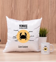 Kişiye Özel Yengeç Burcuna Hediye Kare Yastık ve Beyaz Kupa