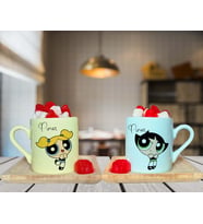 Power Puff Bubbless & Buttercup Arkadaş Çift Tasarımlı Sarı & Yeşil Ahşap Tabaklı Kişiye Özel Türk Kahvesi Fincanı Seti