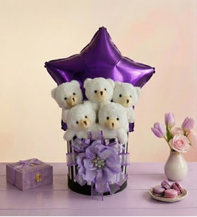 Premium Hediye Kutusunda  Lila Konsept Yıldız Balonlu 5'li Beyaz Peluş Ayıcık Buketi, Gift Box - Sevgiliye, Arkadaşa, Anneye Sürpriz Doğum Günü & Tebrik - Kutlama Hediyesi