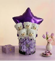 Premium Hediye Kutusunda  Lila Konsept Yıldız Balonlu 5'li Beyaz Peluş Ayıcık Buketi, Gift Box - Sevgiliye, Arkadaşa, Anneye Sürpriz Doğum Günü & Tebrik - Kutlama Hediyesi