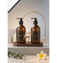 Sabunluk Amber Şişe Cam İkili Şampuan-Duş Jeli Banyo Düzenleyici Lüks Gold Geyik Ahşap Standlı 500ml