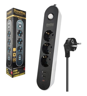 Showmax SH-4628 3lü Akım Korumalı Priz 2 Metre Anahtarlı 10A 2500 Watt 2xusb 1xtype-C (Siyah)