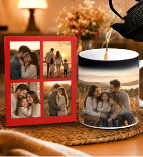 Kişiye Özel Premium Sihirli Kupa ve 4’lü Fotoğraf Çerçevesi Hediye Seti – Masaüstü Fotoğraf Çerçevesi Kırmızı Çerçeve