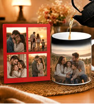 Kişiye Özel Premium Sihirli Kupa ve 4’lü Fotoğraf Çerçevesi Hediye Seti – Masaüstü Fotoğraf Çerçevesi Kırmızı Çerçeve