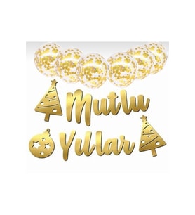 Yılbaşı Şeffaf Konfetili Mutlu Yıllar Kaligrafi Banner Gold