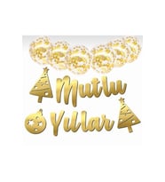 Yılbaşı Şeffaf Konfetili Mutlu Yıllar Kaligrafi Banner Gold