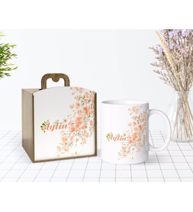 BK Gift Kişiye Özel Ahşap Kutuda Çiçek Temalı Beyaz Kupa Bardak-1