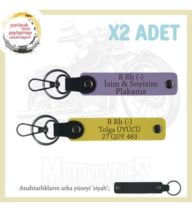 Hız Tutkunlarına Özel, İsim Plaka ve B Rh (-) Kan Grubu Yazılı Deri x2' li Anahtarlık, Mor-Sarı-Syh (Çok Renkli)