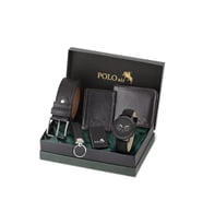 Polo Air Deri Kordon Erkek Kol Saati Kemer Cüzdan Kartlık Çakmak Anahtarlık Seti Siyah Renk PL-7084E5
