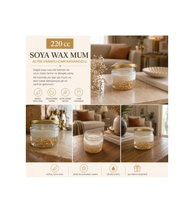 Premium 220 cc Soya Wax Mum - Altın Varaklı Jel Mum - Cam Kavanoz Ev Dekorasyon & Hediye