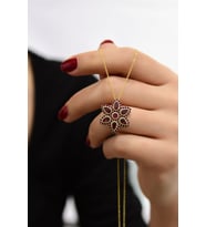 925 Ayar Gümüş Altın Kaplama Ruby Damla Lotus Kolye