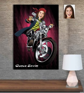 Kişiye Özel Karikatür Baskılı Ahşap Motorcu Kadın-1 30x40