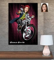 Kişiye Özel Karikatür Baskılı Ahşap Motorcu Kadın-1 30x40